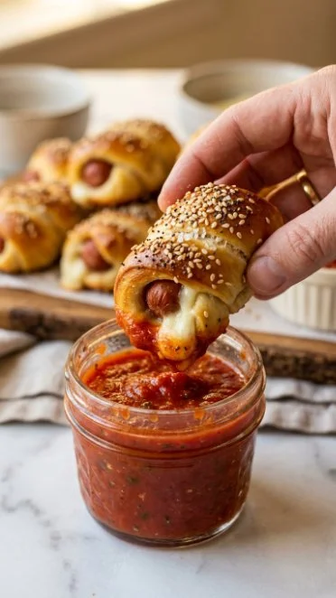 Homemade air fryer bagel dogs served with dipping sauce