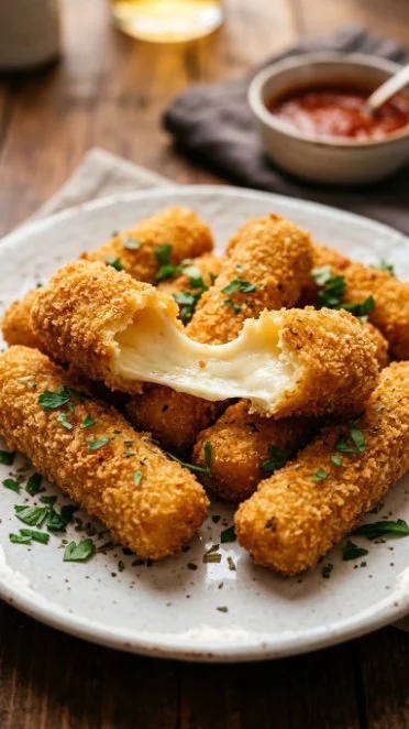Air fried mozzarella sticks served with dipping sauce on a plate