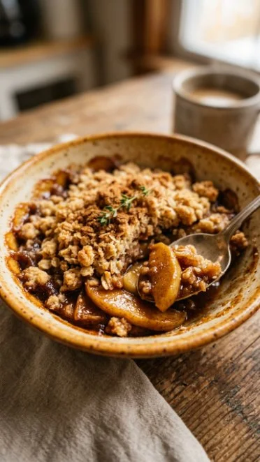 Delicious Apple Cinnamon Breakfast Crumble topped with oats and cinnamon.