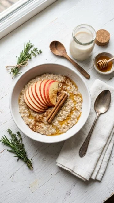 Bowl of warm apple cinnamon oatmeal topped with sliced apples and cinnamon