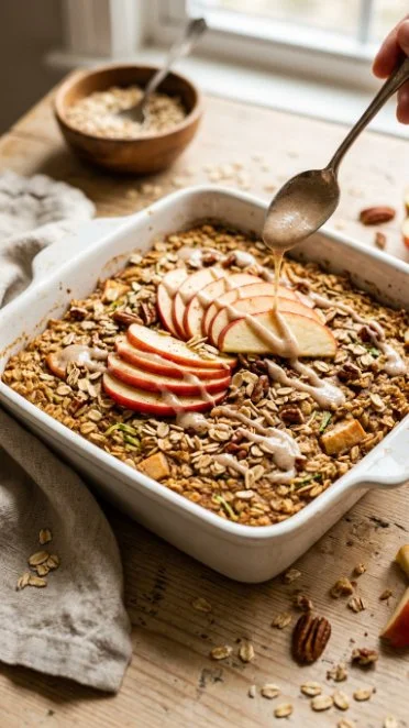 Apple Zucchini Baked Oatmeal in a baking dish, topped with fresh fruit