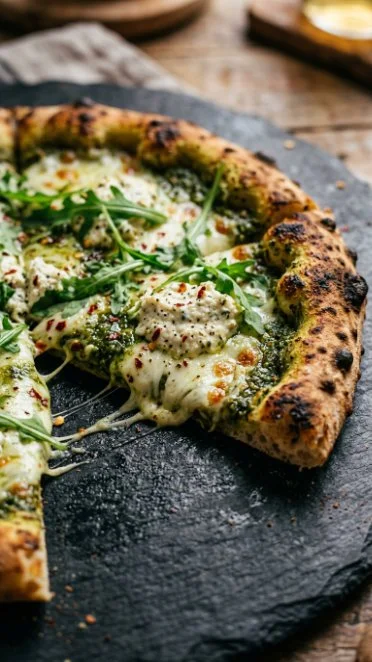 Delicious arugula pesto pizza topped with fresh ingredients
