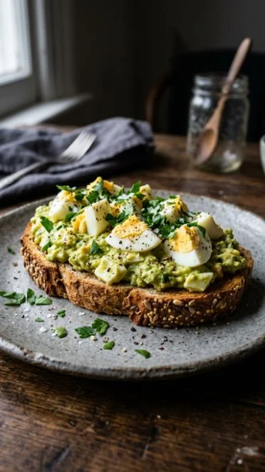 Avocado egg salad served in a bowl with fresh herbs and spices