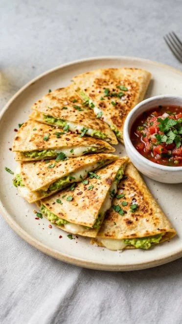 Delicious avocado quesadillas on a plate with fresh ingredients