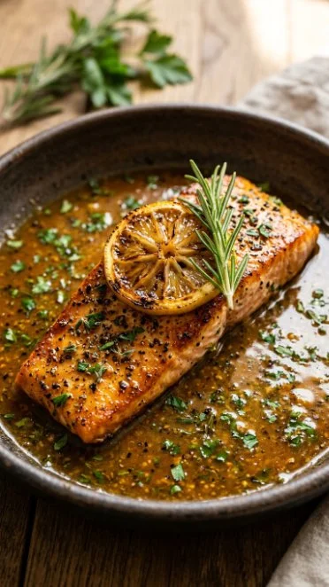 A beautifully plated baked Dijon salmon dish garnished with herbs.