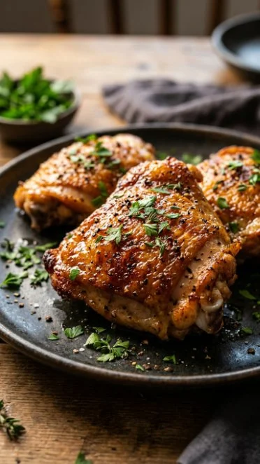 Baked ranch chicken thighs garnished with herbs on a plate