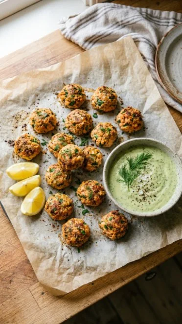 Baked salmon meatballs topped with avocado sauce on a plate