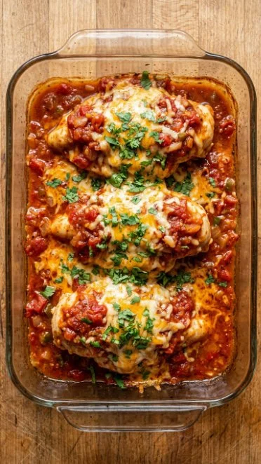 Delicious baked salsa chicken garnished with fresh herbs.