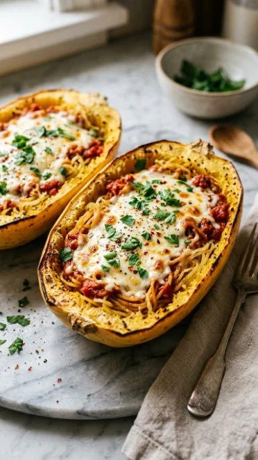 Baked spaghetti squash topped with marinara and mozzarella cheese