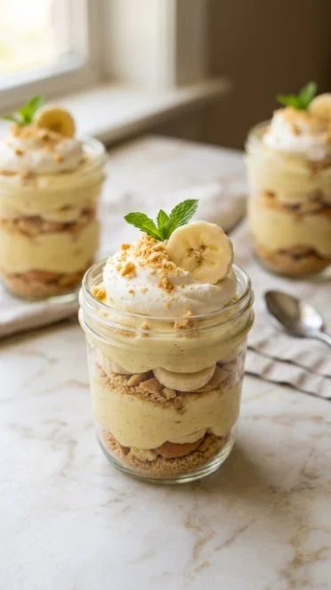 Creamy banana pudding cups topped with sliced bananas and whipped cream