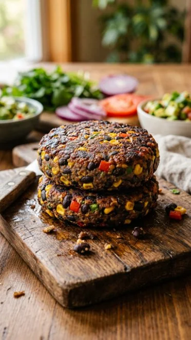 Delicious homemade Black Bean Burger on a plate with fresh vegetables