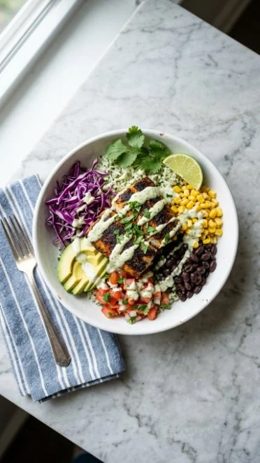 Blackened fish taco bowls topped with fresh ingredients in a colorful presentation.