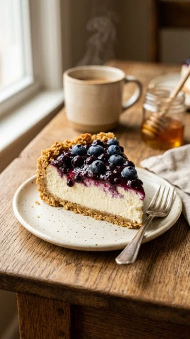 Slice of blueberry cheesecake featuring cottage cheese topping and fresh blueberries.