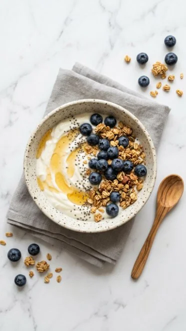Blueberry yogurt bowl topped with fresh blueberries and granola
