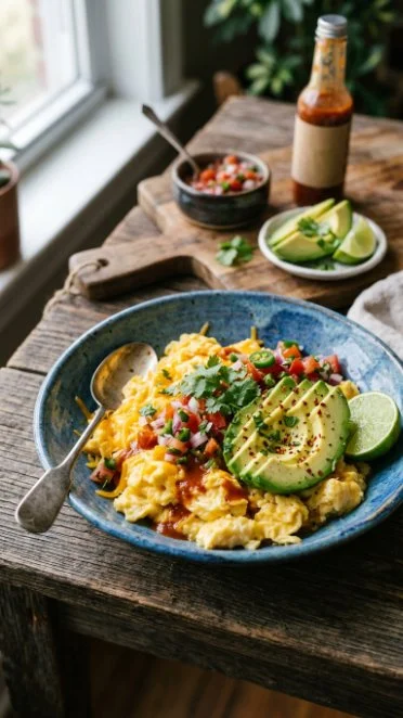 Delicious breakfast burrito bowl with eggs, cheese, and fresh vegetables