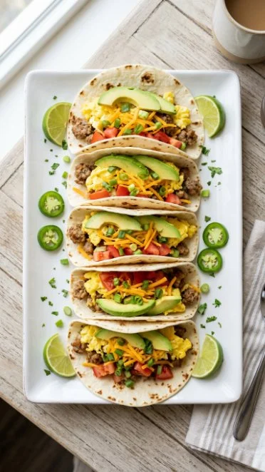 Delectable breakfast tacos with eggs, cheese, and fresh toppings