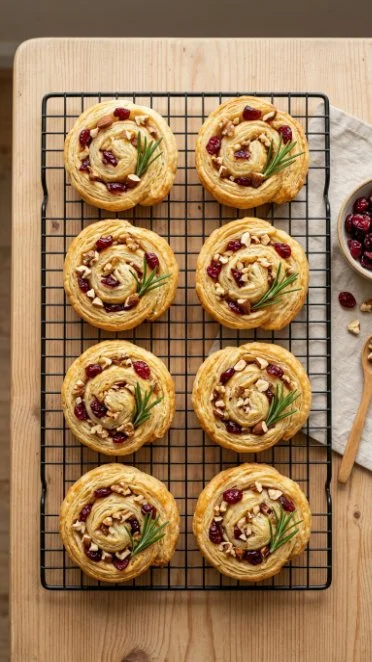 Brie and cranberry puff pastry bites served on a platter.
