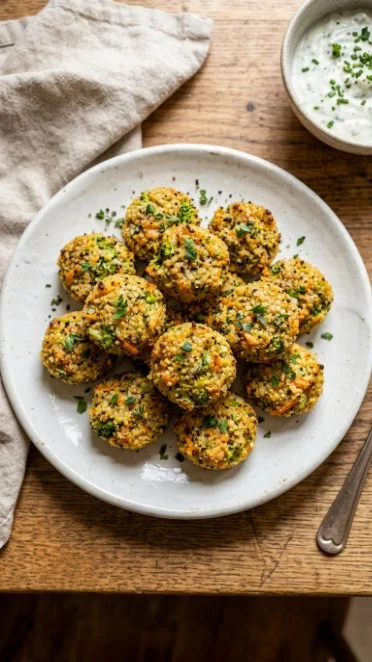 Broccoli cheddar quinoa bites served on a plate, garnished with herbs.