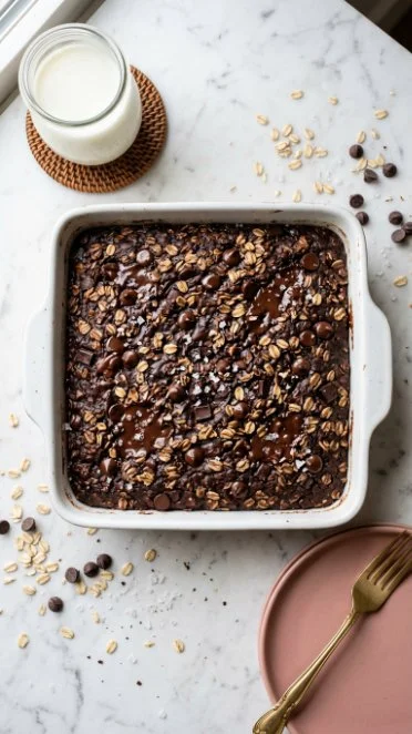 Delicious brownie baked oatmeal topped with chocolate drizzle and nuts