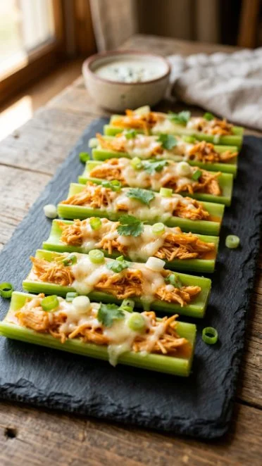 Buffalo Chicken Celery Sticks served on a platter as a healthy appetizer
