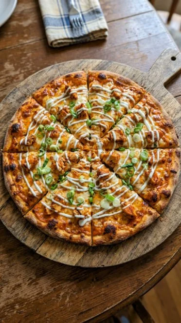 Deliciously spicy Buffalo Chicken Pizza topped with cheese and Buffalo sauce