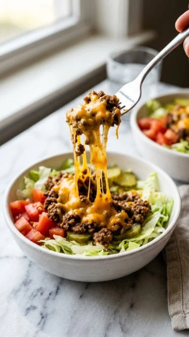 Delicious Burger Bowl with burgers, toppings, and sauces.