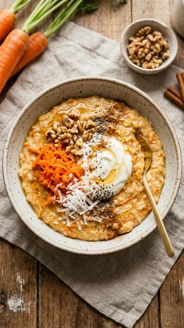 Bowl of carrot cake porridge topped with nuts and raisins