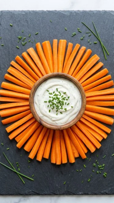 Fresh carrot sticks served with tasty ranch dip for a healthy snack