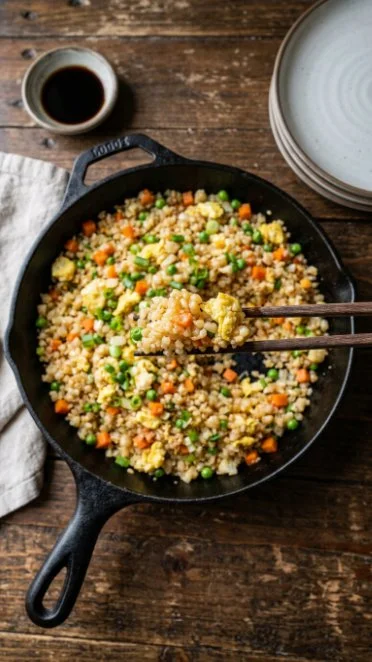 Bowl of vibrant cauliflower fried rice with vegetables and spices