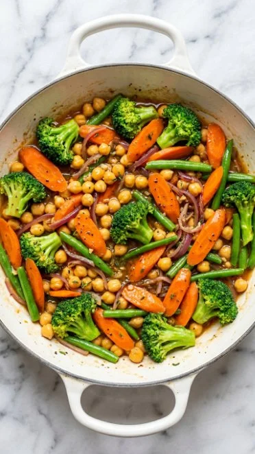 Chili Garlic Vegetable Stir Fry with Chickpeas served in a bowl