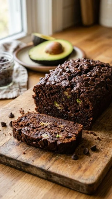 Sliced Chocolate Chips Avocado Banana Bread on a wooden board