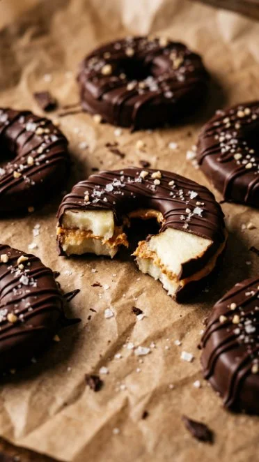 Chocolate-covered peanut butter apple rings on a plate
