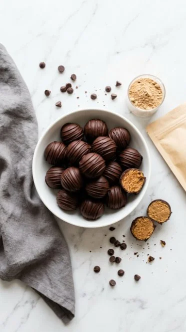Delicious chocolate protein truffles on a plate, perfect for a healthy snack.
