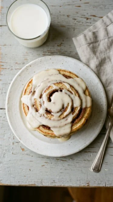 Fluffy cinnamon roll pancakes drizzled with icing and topped with cinnamon