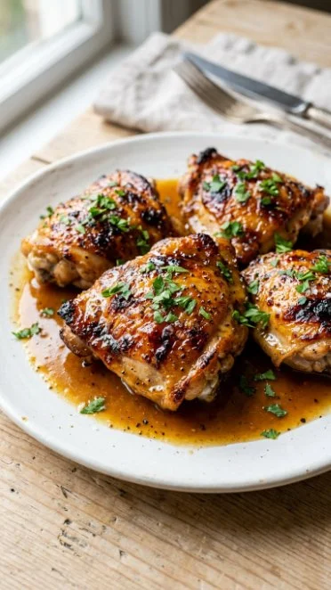 Plate of classic honey mustard chicken thighs garnished and ready to serve