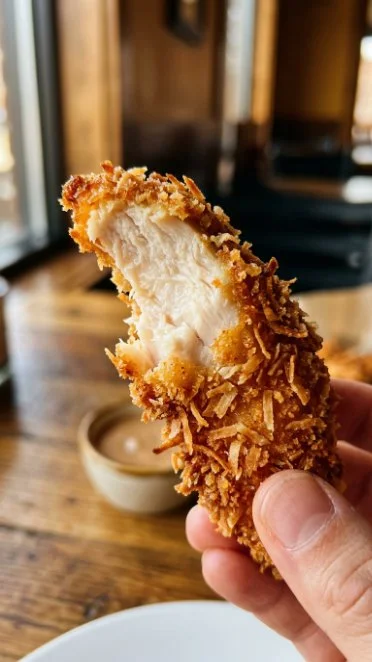 Plate of juicy Coconut Crusted Chicken with a golden crispy coating
