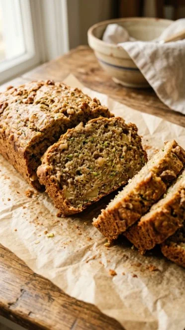 A slice of Cottage Cheese Apple Zucchini Cake topped with fresh apples and zucchini