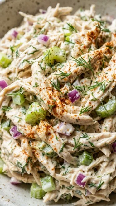 Cottage Cheese Chicken Salad in a bowl topped with fresh herbs