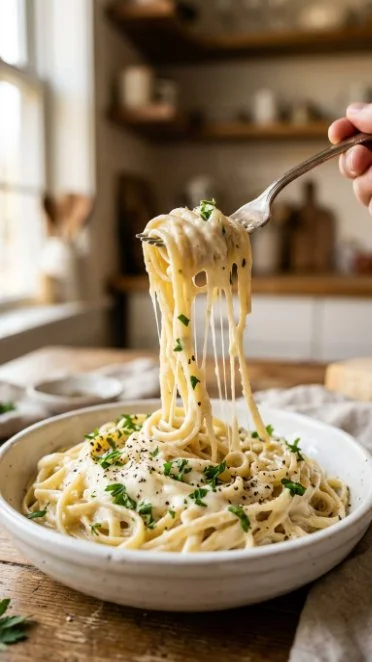 Creamy cottage cheese pasta sauce served over spaghetti