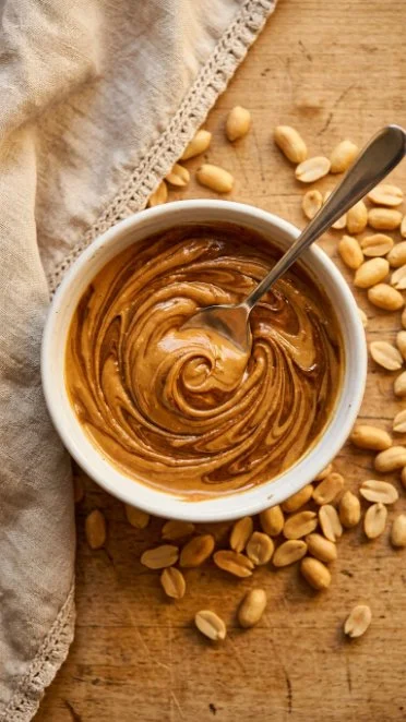 Creamy peanut butter spread on a slice of bread