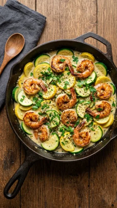 Creamy shrimp and zucchini skillet meal served in a pan