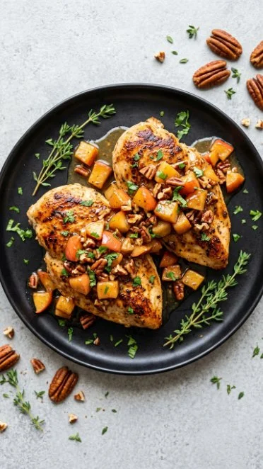 Creamy spiced apple pecan chicken dish with slices of apple and pecans