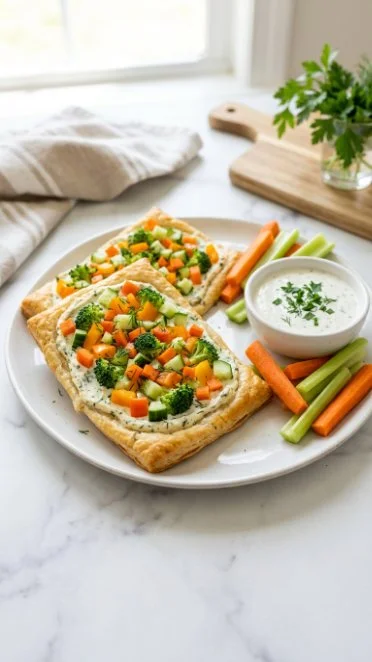 Crescent Roll Veggie Pizza topped with fresh vegetables and cheese