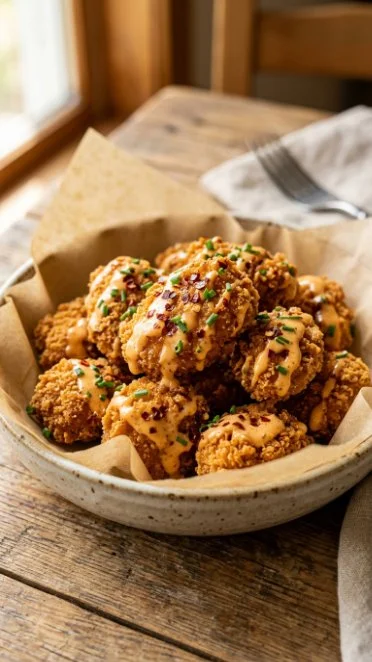 Crispy Air Fryer Bang Bang Chicken plated with garnishes