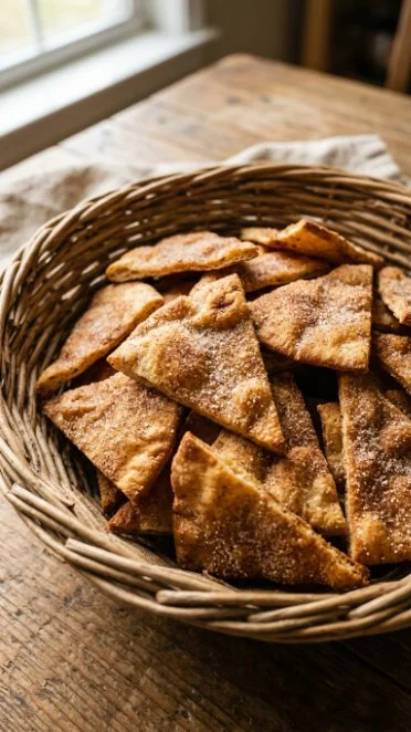 Crispy air fryer cinnamon pita chips on a plate, perfect for snacking.
