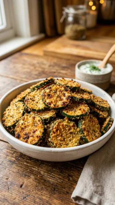 Bowl of crispy baked zucchini chips prepared as a healthy snack