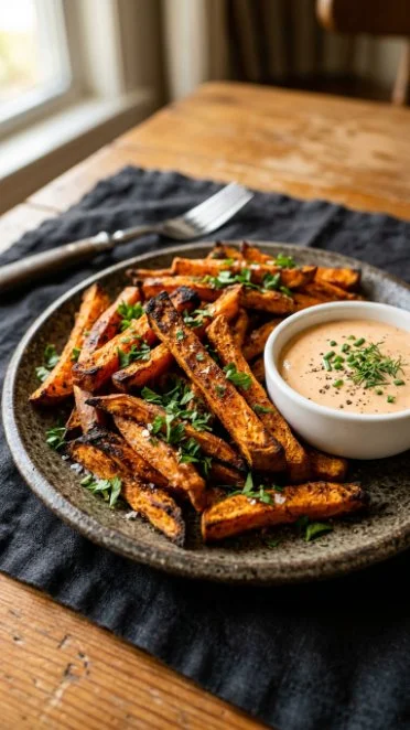 Crispy oven-baked sweet potato fries on a plate, golden brown and appetizing.