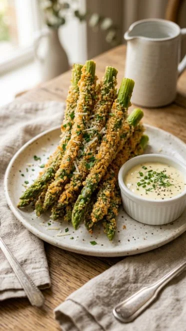 Crispy Parmesan Baked Asparagus Fries on a serving plate