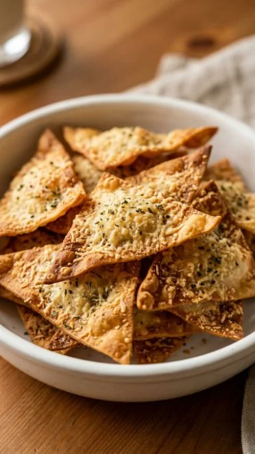 Plate of crispy Parmesan Wonton Crackers ready to enjoy as a snack.