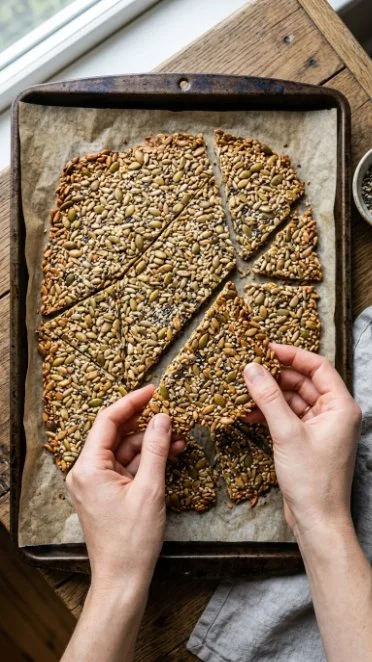 A plate of crispy seed crackers garnished with herbs and seeds.